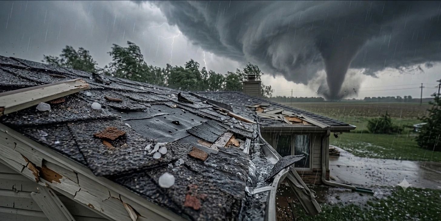 Storm-damaged roof during tornado